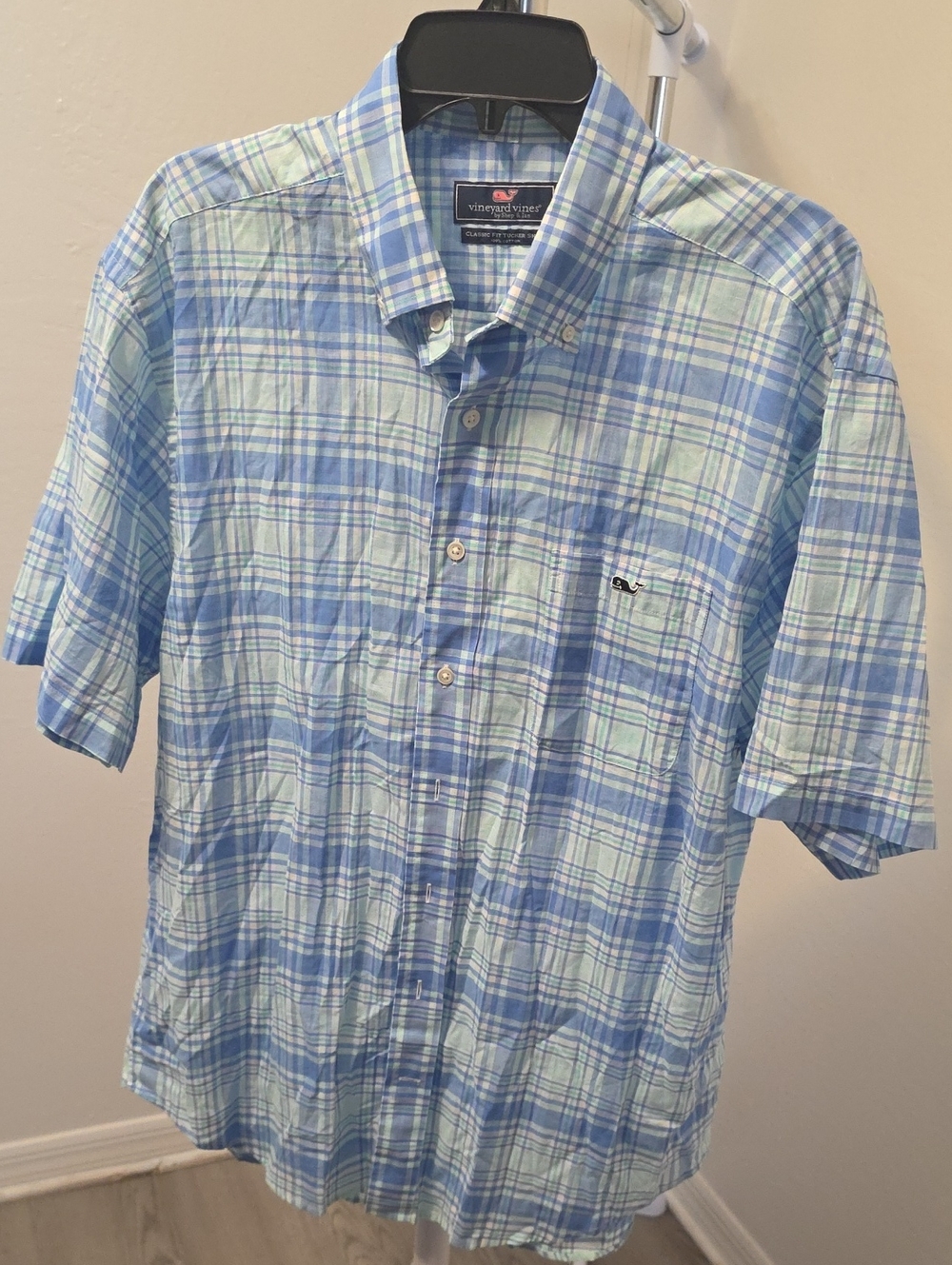 Vineyard Vines Light Blue and White Plaid Short-Sleeve Button-Down Shirt